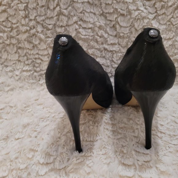 MICHAEL KORS YORK PLATFORM BLACK GLITTER PUMP OPEN TOE WOMENS SHOES Size 9 - Picture 2 of 5